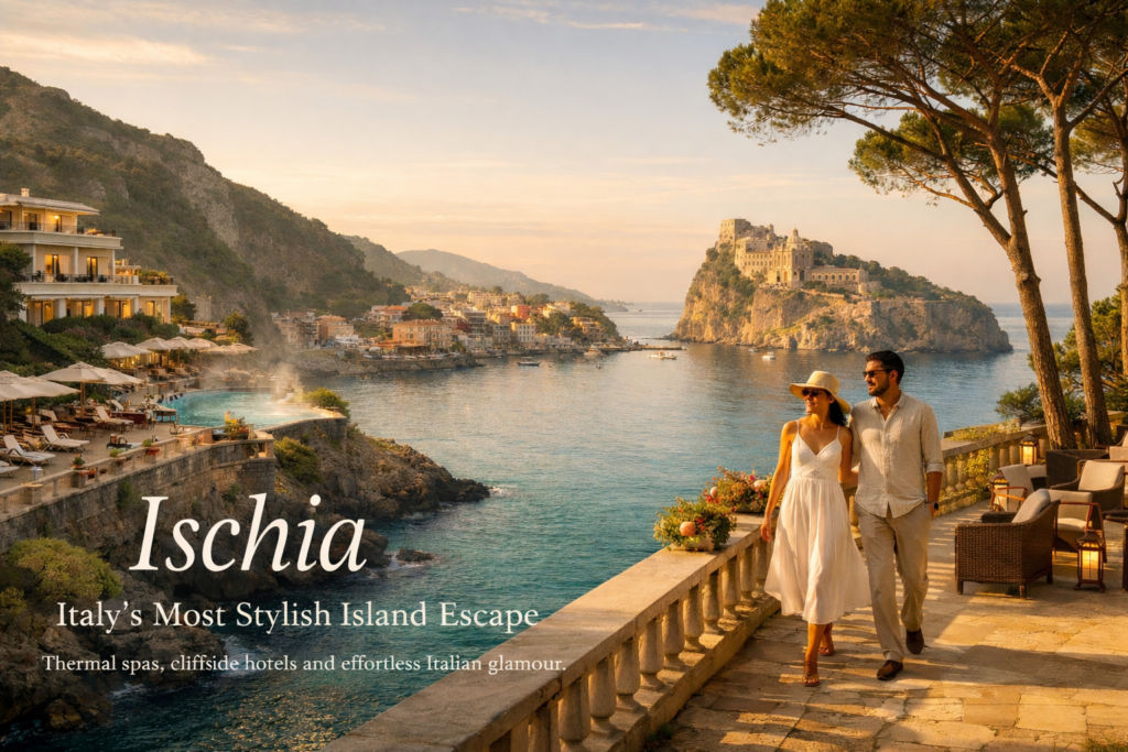 Elegant sunset view of Ischia, Italy showing a cliffside hotel terrace, turquoise sea and pastel island town at golden hour.