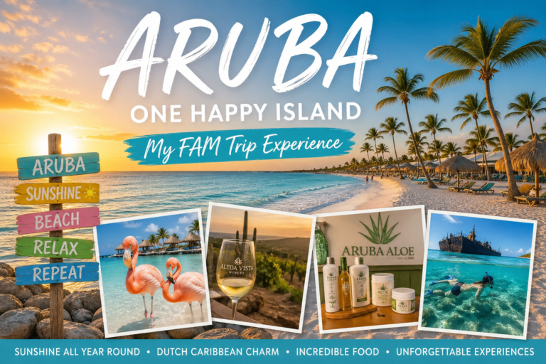 Palm Beach sunset, Flamingos at Renaissance Island, Aloe fields or factory shots, Wine tasting at Alto Vista Winery, Aruba, Caribbean, One Happy Island