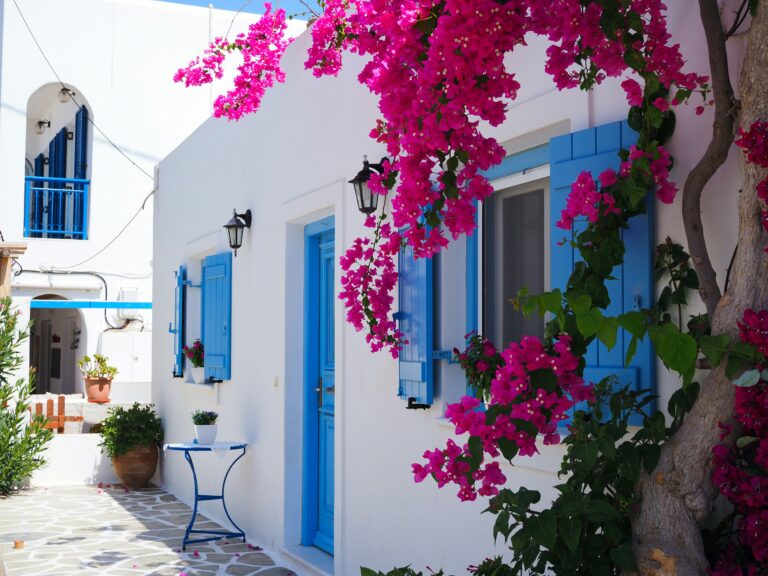 White buildings with blue roofs in Greece overlooking the sea under a clear sky