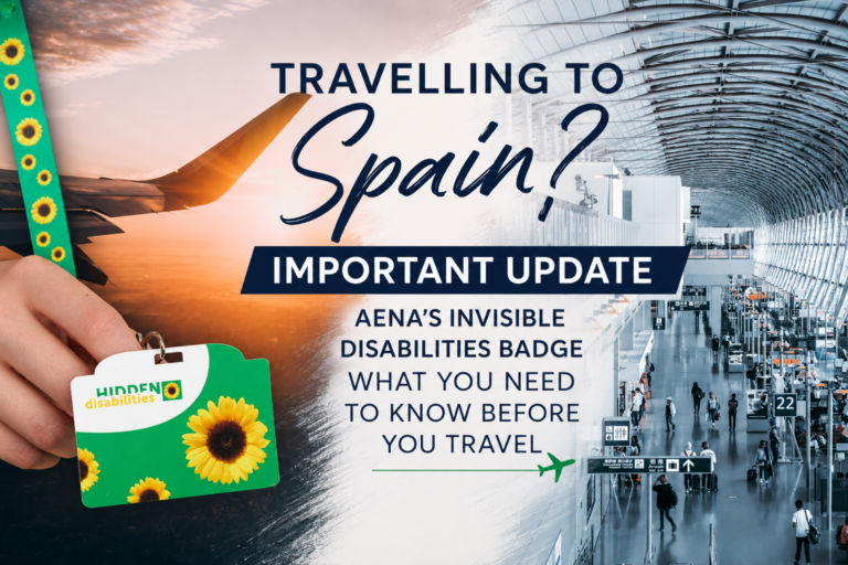 Passenger travelling to Spain with Hidden Disabilities Sunflower lanyard and information about Aena's Invisible Disabilities Badge scheme at Spanish airports.