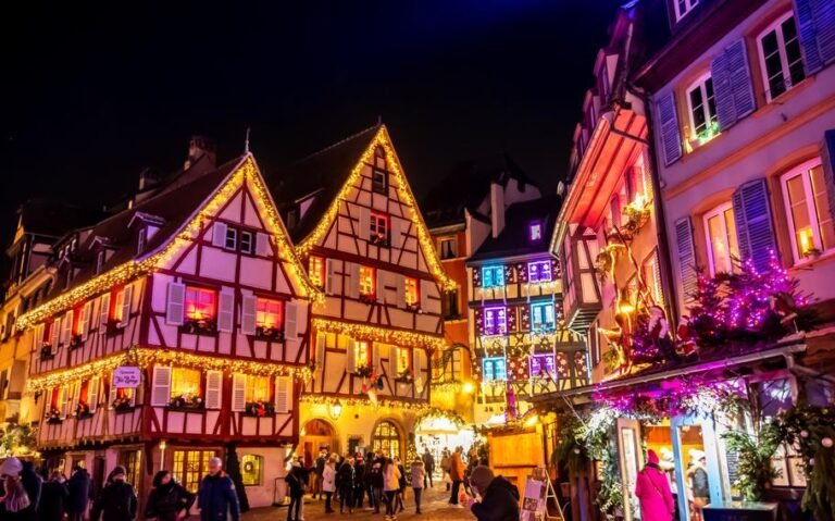 A festive collage of Bruges, Colmar, Montreux, Ljubljana, Tallinn and Kraków decorated with Christmas lights and traditional Christmas markets.