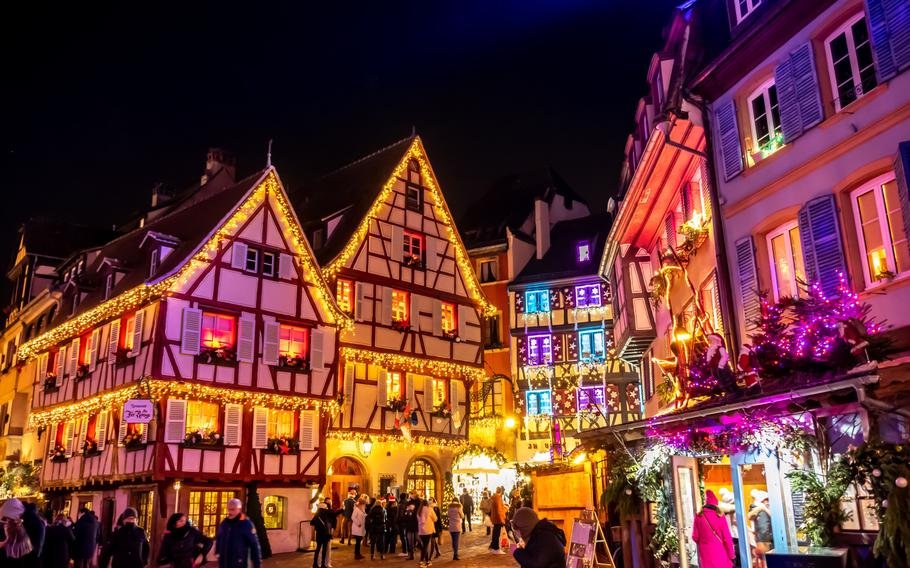A festive collage of Bruges, Colmar, Montreux, Ljubljana, Tallinn and Kraków decorated with Christmas lights and traditional Christmas markets.